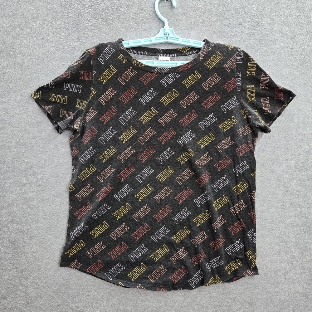 PINK Women Shirt L Black Graphic Print Crew Neck Pullover Logo Allover Crew Neck